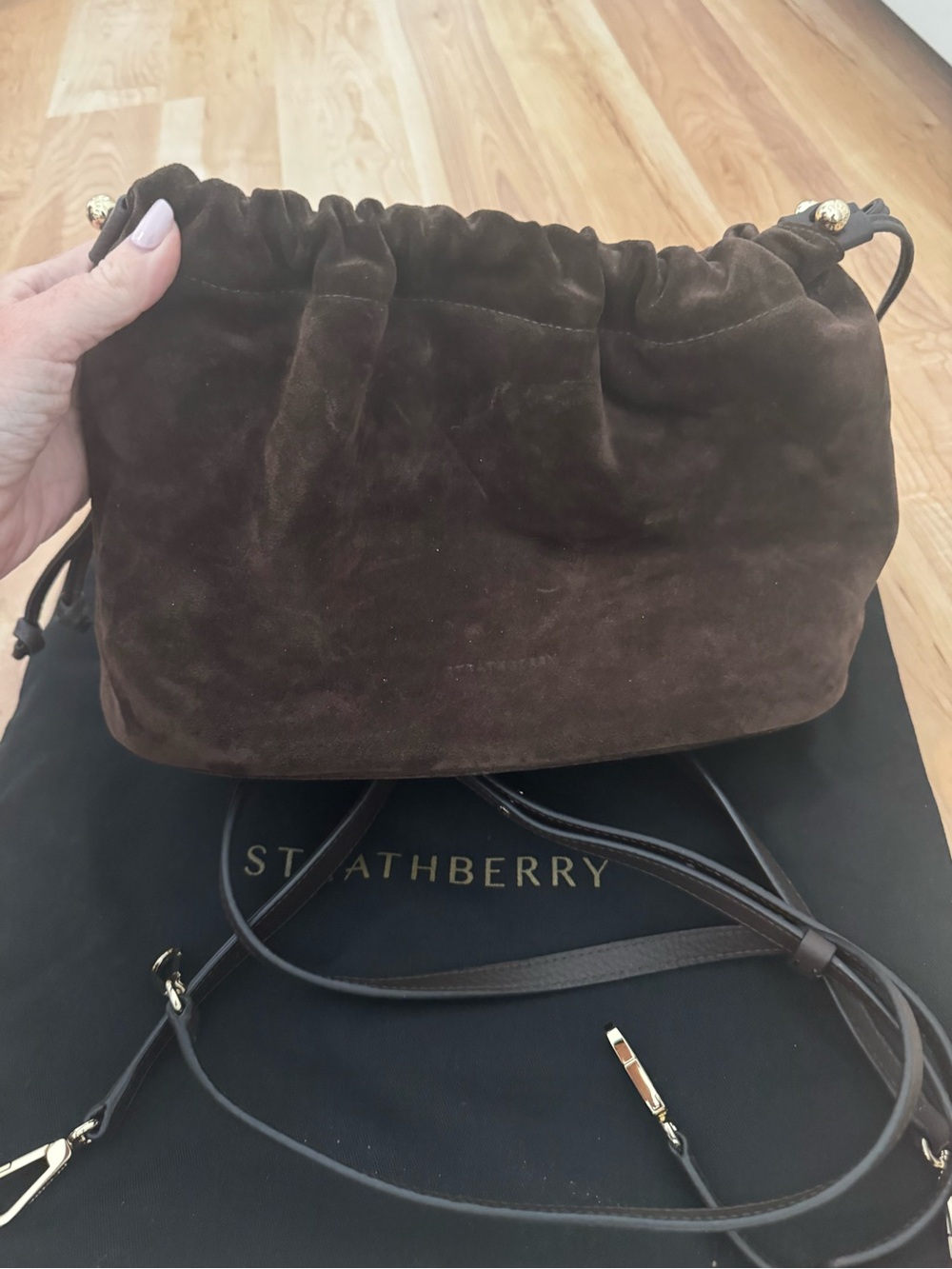 Strathberry Brown Suede Drawstring Shoulder Bag with Gold Hardware
